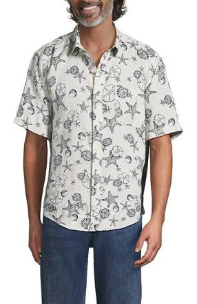 Lands End Traditional Fit Short Sleeve Linen Shirt in Ivory Latte/navy Shells at Nordstrom, Size Xx-Large