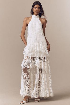 BHLDN Lace Halter Ruffle Peekaboo Maxi Dress