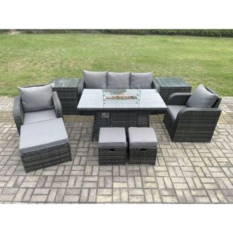 Fimous Wicker Rattan Garden Furniture Sofa set Gas Fire Pit Dining Table Indoor Outdoor with 2 Side Table Chair 3 Footstools - Fimous