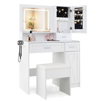 Costway Costway Makeup Vanity Desk Farmhouse Dressing Table & Stool Set w/ Drawers in White