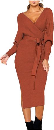 Generic Womens V-Neck Wrap Skirt Batwing Sleeve Sexy Backless Split Long Knitted Dress with Belt Knit Jackets Women, Wine Red, XL