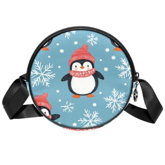 Generic Circle Crossbody Bag for Women, Blue Cute Penguin Small Sling Bag Daypack with Zipper Adjustable Shoulder Straps Casual Ladies Girls Round Purse