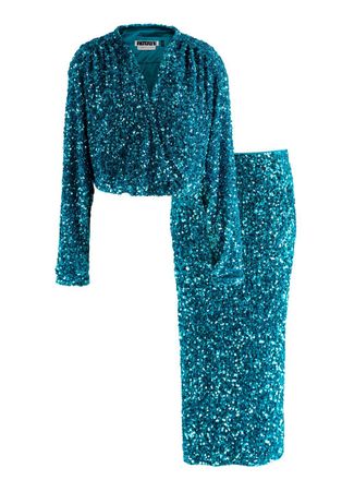 Rotate Blue Sequin Cropped Blouse and Midi Skirt Set Size S