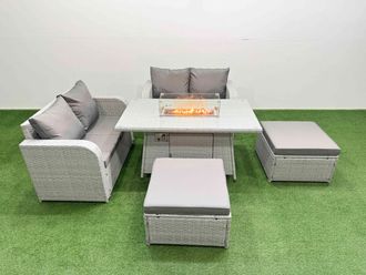 Fimous 6 Seater Outdoor Love Sofa Set Rattan Garden Furniture Set with Firepit Dining Table 2 Footstool Light Grey