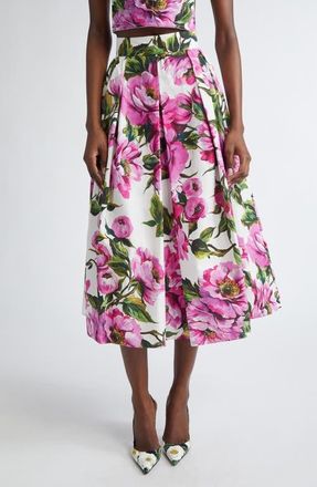 Dolce & Gabbana Peony Print Pleated Cotton Poplin Skirt in Peonie Fuxia F.bianco at Nordstrom, Size 12 Us