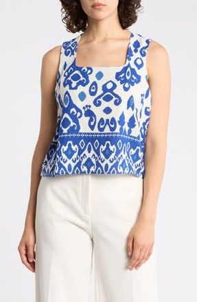 T Tahari Linen Blend Print Top in Ivory/Blue Abstract at Nordstrom Rack, Size X-Large