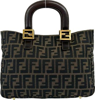 Fendi Black Brown Canvas Leather Handbag Tote Bag (Pre-Owned)