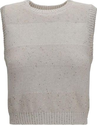 Brunello Cucinelli Beige Cotton Sleeveles Womens Sweater