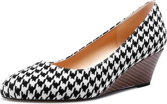 Castamere Womens Wedge Heels Round Toe Pumps Slip-On Mid-Heel Court Shoes White Black Shoes UK 7/7.5