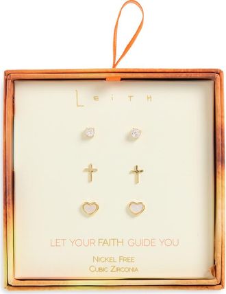 Leith Set of 3 Cubic Zirconia Faith Stud Earrings in Clear- Gold at Nordstrom Rack