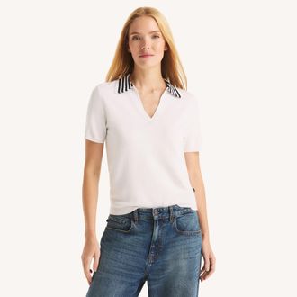 Nautica Womens Scallop-Trim Johnny Collar Short-Sleeve Sweater