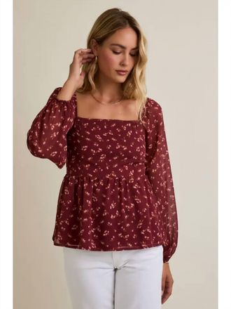 Gilli Square Neck Puff Long Sleeve Smocking Back Ditsy Top In Burgundy