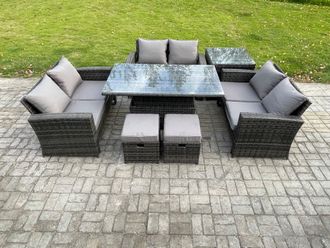 Fimous 7 pieces Outdoor Lounge Sofa Set Wicker PE Rattan Garden Furniture Set with Rising Lifting Table Double Seat Sofa Side Table in Dark Grey