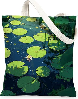 Generic Spring Water Lily pad Canvas Tote Bag for Shopping 13x15, Garden Lotus Leaf Landscape Reusable Grocery Print Bag for Women, Cool Floral Beach Aestheti