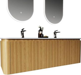 Saniclass Terra Badkamermeubelset - 140x42x45.5cm - solid surface wastafel wit mat - 2 wasbakken - 2 kraangaten - 4 lades - Sandwood (licht eiken)