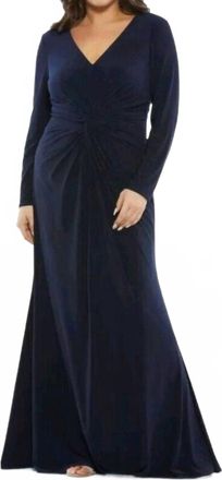 Mac Duggal Womens Plus Twist Front Jersey Gown In Midnight Blue
