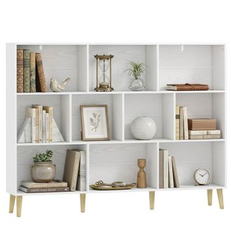 HOMCOM Homcom Estanter&iacute;a De 10 Cubos, Librer&iacute;a De 3 Niveles Con Patas De Madera Maciza, Para Dormitorio, Sal&oacute;n, Estudio U Oficina, 140x24x107 Cm, Blanco