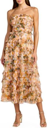 Mac Duggal Strapless Floral Micro Ruffle Dress in Gold Multi at Nordstrom, Size 12