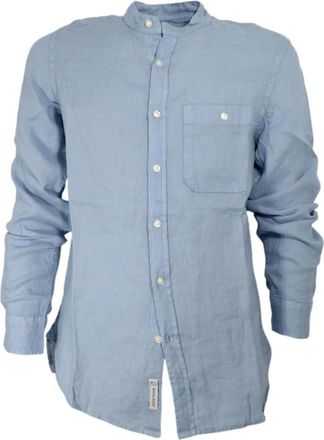 Woolrich Linnen overhemd met bandkraag - Heren - Casual Overhemden - Blauw - S - Linnen - Overhemden