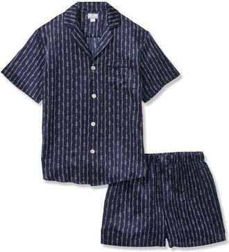 Petite Plume Nautical Stripe Mulberry Silk Short Pajamas in Navy at Nordstrom, Size X-Large