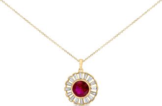 House of Brilliance 14K Yellow Gold Plated Silver Created Red Ruby and Baguette Diamond Sunburst Medallion Pendant Necklace