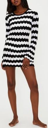 Beach Riot Libbi Long Sleeve Pointelle Cover-Up Dress in Black And White Tides at Nordstrom Rack, Size Medium