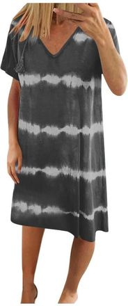Generic Black Dress Womens Casual Striped Tie-Dye Print Dress V Neck Loose T-Shirt Dress(S-3XL) Midi Dress (Grey, XXXL)