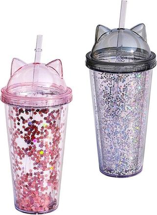 OEM Vaso De Agua Con Purpurina - Vaso De Doble Pared - Para Uso Diario - Con Orejas De Gato - 2 X 400 Ml - Gris Rosa