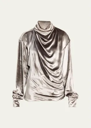 Prabal Gurung Draped Wrap-Neck Velvet Long-Sleeve Blouse