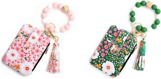 Generic Women Boho Keychain Wallet with Beaded Bracelet Small Card Holder (Light Pink)