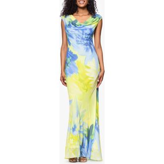 Betsy & Adam Abstract Floral Cowl Neck Chiffon Gown in Citrine at Nordstrom Rack, Size 10