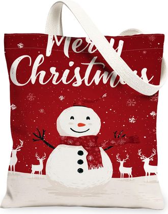 Generic Snow Man Christmas Canvas Tote Bags, Holiday Design Reusable Grocery Bags, Vintage Lightweight Washable Shoulder Strap for Travel Picnic 13x15 Inch