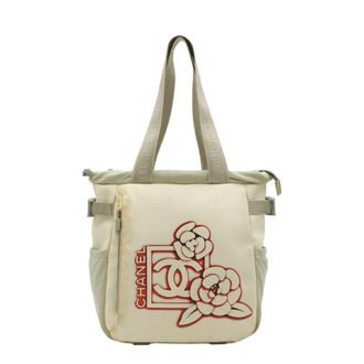 Chanel Gray Ivory White Nylon Canvas Shoulder Bag Tote Bag (Pre-Owned)