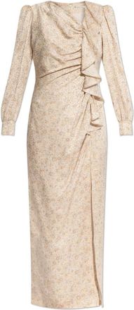 Alessandra Rich Zijden Jurk met een Split - Dames - Feestkleedjes - Beige - 2XS - Leer - Kleedjes