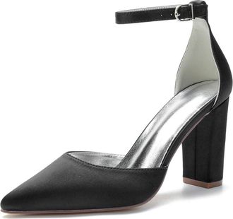 Generic Wedding Bridal Shoes Womens Elegant Chunky Block Heel Pointed Toe Court Pumps 9Cm Bridal Party Pumps Shoes for Dress Occasions,Black,10 UK