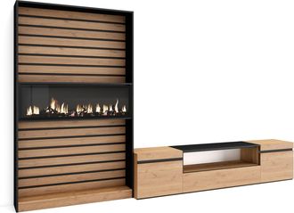 Skraut Home Skraut Home - Muebles De Sal&oacute;n Para Tv, Conjunto De Muebles Comedor, 310x186x35cm, Para Tv Hasta 80, Chimenea El&eacute;ctrica, Estilo Moderno, Roble Y Negro