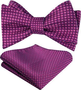 Alizeal Mens Self Tied Regular Plaid Dot Bow Tie and Pocket Square Set, Magenta Purple