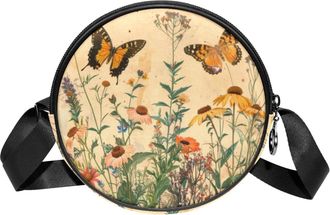 Generic Circle Crossbody Bag for Women, Butterflies Wildflowers Small Sling Bag Daypack with Zipper Adjustable Shoulder Straps Casual Ladies Girls Round Purse