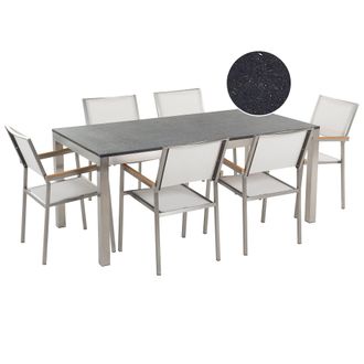 Beliani Conjunto De Comedor De Jard&iacute;n Blanco Con Mesa 180 X 90 Cm De Granito Negro 6 Sillas De Rat&aacute;n Grosseto