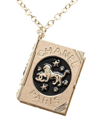 Chanel 2022 Gold Plated Enamel CC Lion Book Locket Pendant Necklace costume necklace
