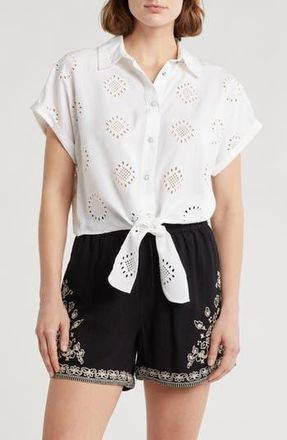 Elie Tahari Embroidered Eyelet Short Sleeve Tie Front Shirt in White/White at Nordstrom Rack, Size X-Small