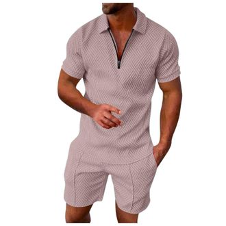 Generic Mens Tracksuit Poloshirt & Shorts 2 Piece Summer Outfits Casual 1/4 Zip Short Sleeve Gym Top and Drawstring Knee Length Shorts Activewear Sets Beach C