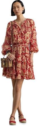Lauren Ralph Lauren Print Ruffle-Trim Georgette Tiered Dress Womens Dress Red/Tan : 16, Polyester