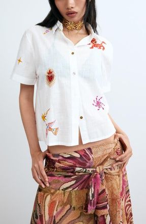 Desigual Beaded Appliqu&eacute; Woven Shirt in White at Nordstrom, Size X-Large