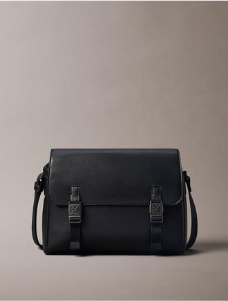 Calvin Klein Mens Emblem Logo Hardware Flap Messenger Bag - Black