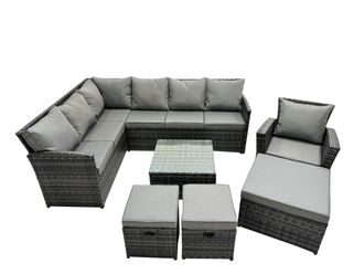 Fimous 10 Seat Outdoor Coffee Table Corner Sofa Set with 3 Stool Chair in Dark Grey