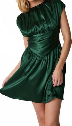 Le Lis Blanc Deux Round Neck Sleeveless Satin Ruched Fit And Flare Mini Dress In Green