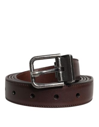 Dolce & Gabbana Brown Leather Silver Metal Buckle Mens Belt