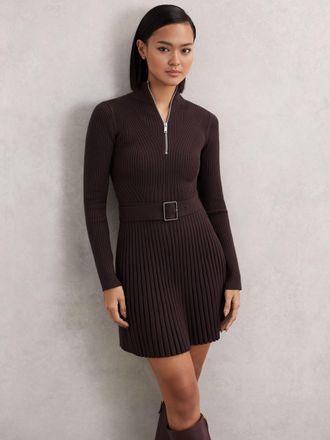 Reiss Womens Dark Purple Rib Knit Belted Half Zip Flippy Dress, Size: L