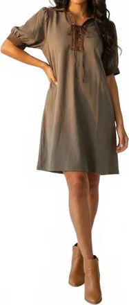 She + Sky Womens Puff Sleeve Contrast Neck Lace Up Brushed Twill Mini Dress In Mocha
